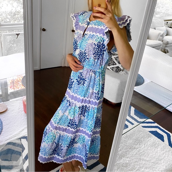 🩵 SAIL TO SABLE PURPLE BLUE WHITE RUFFLE SLEEVE RIC RACK TRIM MIDI DRESS! - Picture 2 of 14